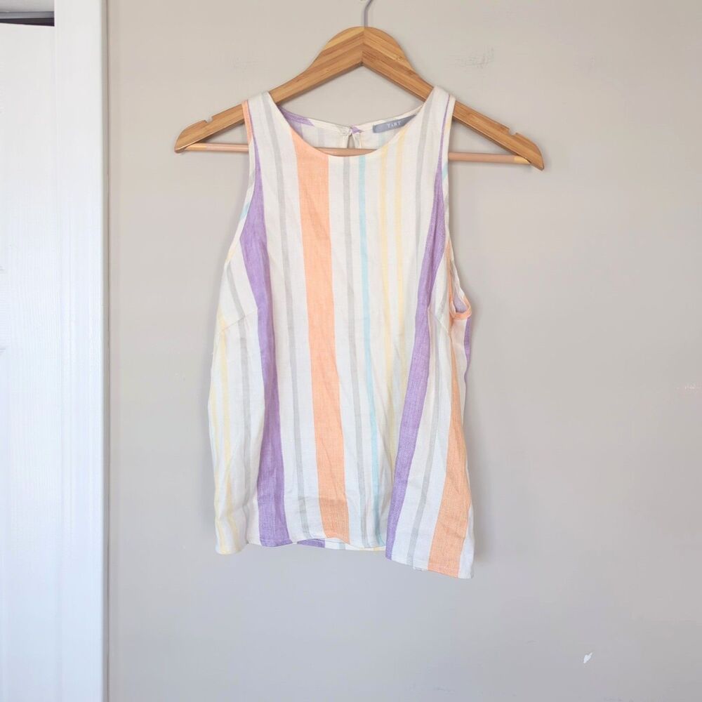 Tart Linen Blend Pastel Rainbow Striped Tank Top Medium Beachy Vacation Resort